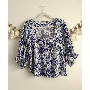 Rachel Zoe Linen Blend Square Neck Blue Floral Top Feminine Coastal Cottage XS